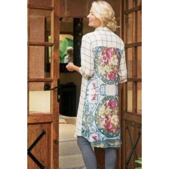 Soft Surroundings Windowpane‎ Plaid/ Floral Tunic Shirt Top Blouse Duster Small - Picture 1 of 12